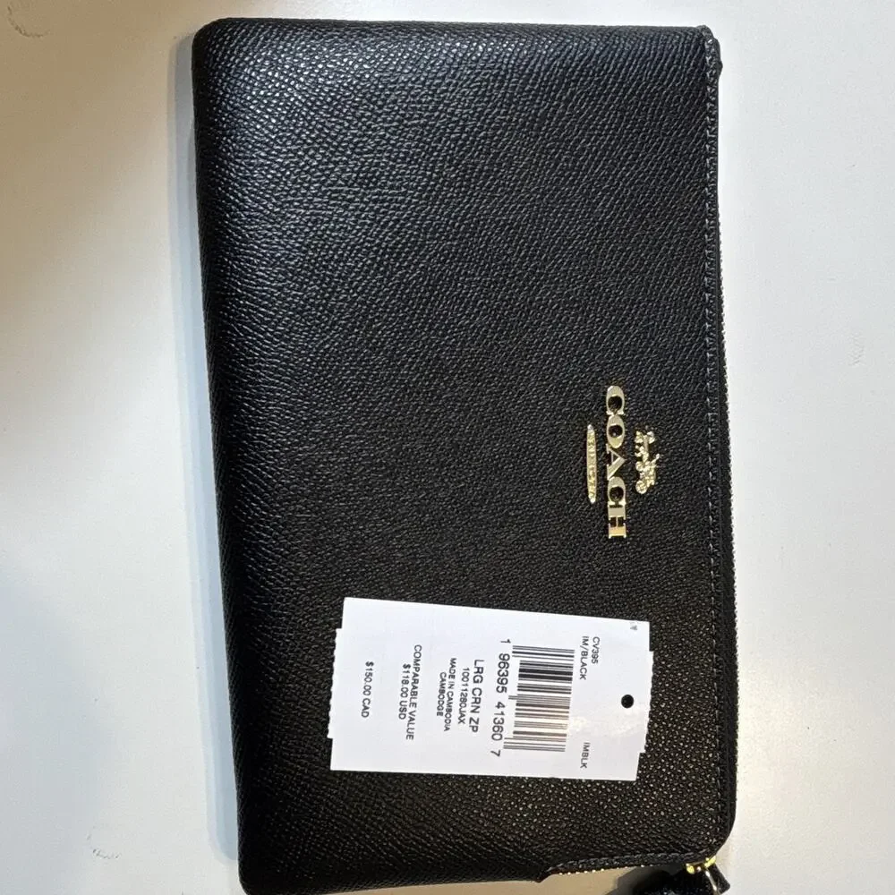 Coach Black Solid Zip Wristlet Wallet w/ Wrist Strap Logo Accent for Women
